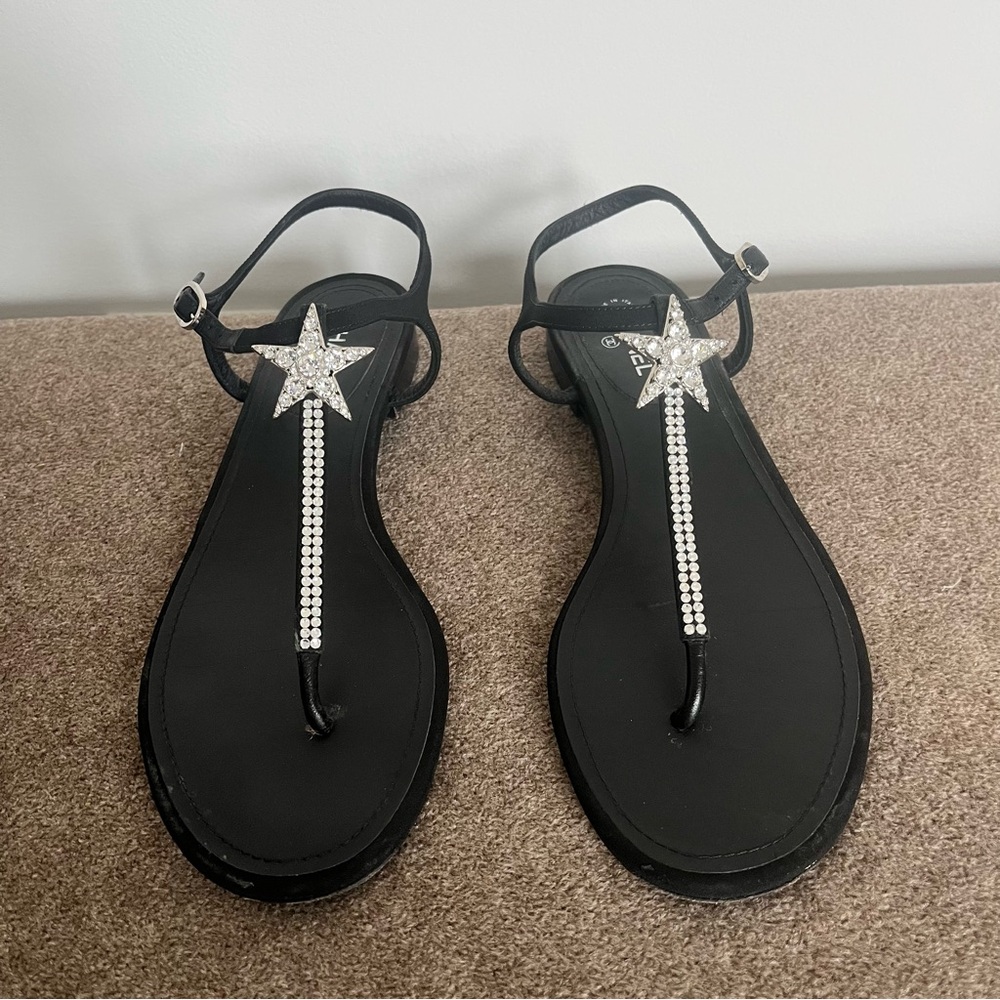 CHANEL Black Sandals with Silver Star Detail
